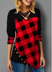 Red tops,Plaid tops,ROTITA Asymmetric Hem Button Plaid T Shirt