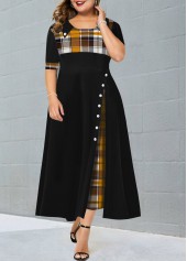ROTITA Plus Size Decorative Button Ginger Plaid Dress