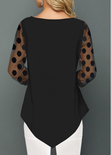 Black tops,Plain Color tops,ROTITA Asymmetric Hem Button Detail Lace Panel Blouse