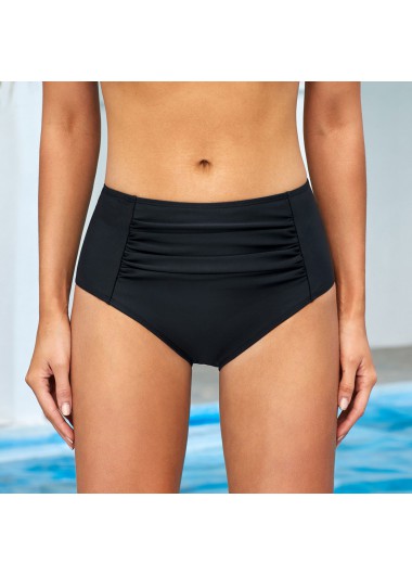 Black swimwear,Plain Color swimwear,ROTITA Black Mid Waist Ruched Swimwear Panty