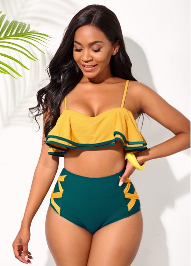 Yellow swimwear,Contrast Color swimwear,ROTITA Ruffle Hem High Waisted Contrast Bikini Set