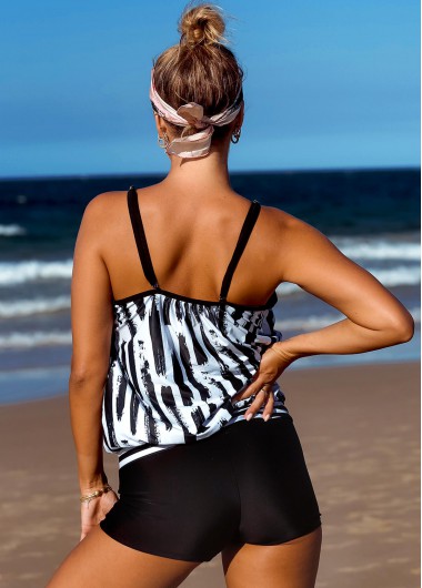 Multi Color swimwear,Striped swimwear,ROTITA Contrast Striped Spaghetti Strap Blouson Tankini Set