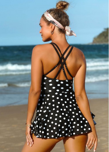 Black swimwear,Dot swimwear,ROTITA Criss Cross Back Polka Dot Swimdress and Shorts