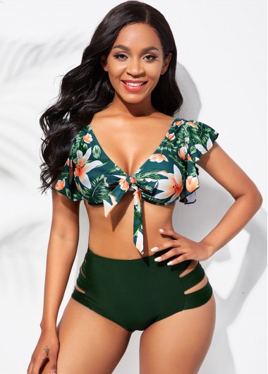 Green swimwear,Ditsy Floral swimwear,ROTITA Flounce Ladder Cutout Floral Print High Waisted Bikini Set