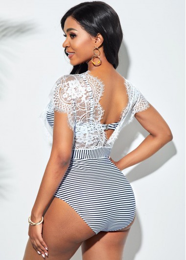 White swimwear,Striped swimwear,ROTITA Striped Retro Lace Stitching Bikini Set