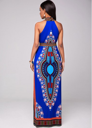 Blue dresses,Tribal dresses,ROTITA Bib Neck Dashiki Print Belted Maxi Dress