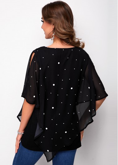 Black tops,Dot tops,ROTITA Mesh Stitching Slit Sleeve Polka Dot T Shirt