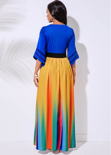 Blue dresses,Striped dresses,ROTITA V Neck 3/4 Sleeve Rainbow Stripe Dress