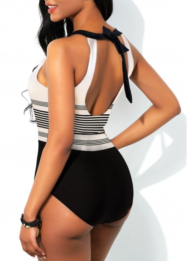 Multi Color swimwear,Striped swimwear,ROTITA Keyhole Neckline Halter Striped One Piece Swimwear
