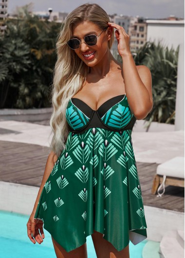 Green swimwear,Plants swimwear,ROTITA Asymmetric Hem Leaf Print Swimdress and Shorts