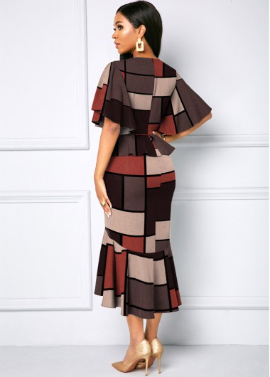 Multi Color dresses,Plaid dresses,ROTITA Butterfly Sleeve Contrast Plaid Mermaid Dress 