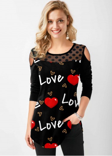 Black tops,Letter tops,ROTITA Cold Shoulder Polka Dot Letter Heart Print T Shirt