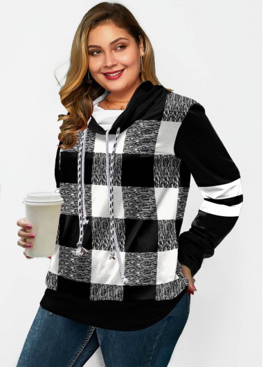 Black plus size,Plaid plus size,ROTITA Plus Size Drawstring Long Sleeve Plaid Sweatshirt