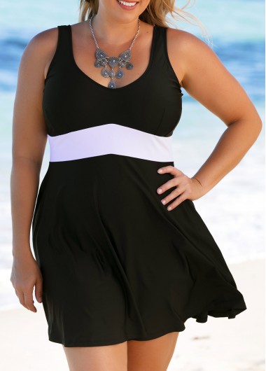 Black plus size,Contrast Color plus size,ROTITA Black Plus Size Contrast Swimdress and Panty