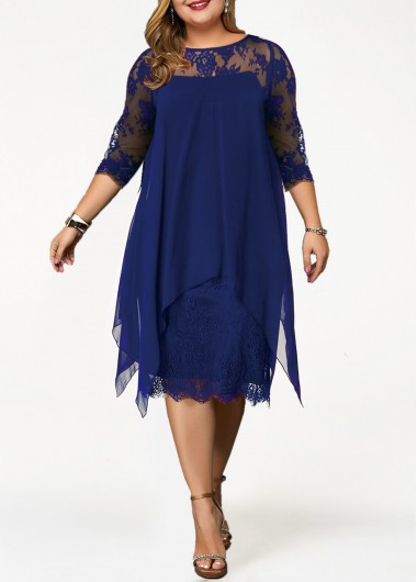 Royal Blue plus size,Plain Color plus size,ROTITA Plus Size Lace Royal Blue H Shape Dress