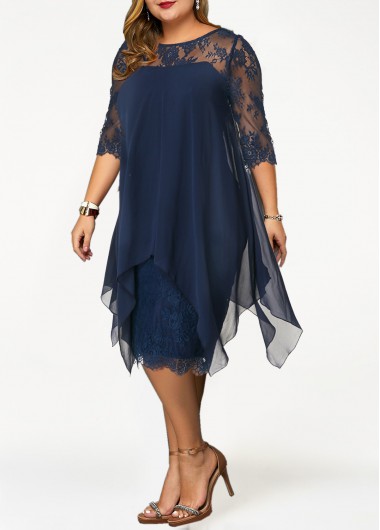 Navy plus size,Plain Color plus size,ROTITA Plus Size Lace Navy H Shape Dress