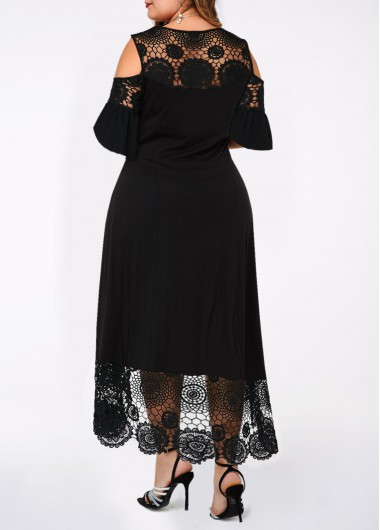 Black plus size,Plain Color plus size,ROTITA Plus Size Lace Stitching Cold Shoulder Dress