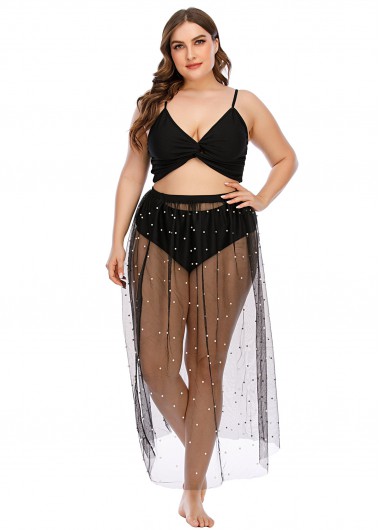 Black plus size,Plain Color plus size,Plus Size Twist Front Beaded Mesh Bikini Set