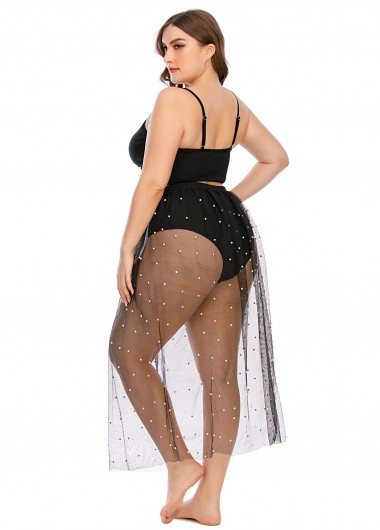 Black plus size,Plain Color plus size,Plus Size Twist Front Beaded Mesh Bikini Set