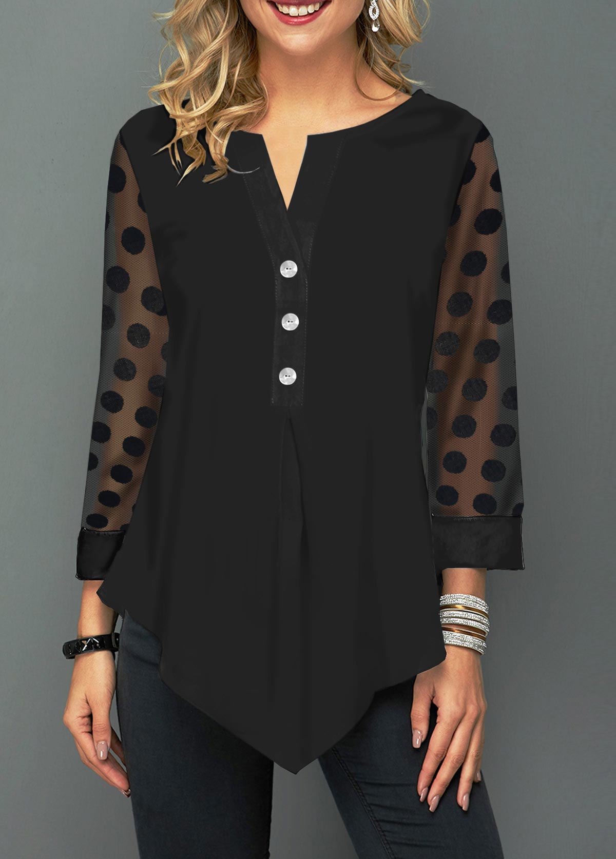 Black tops,Plain Color tops,ROTITA Asymmetric Hem Button Detail Lace Panel Blouse