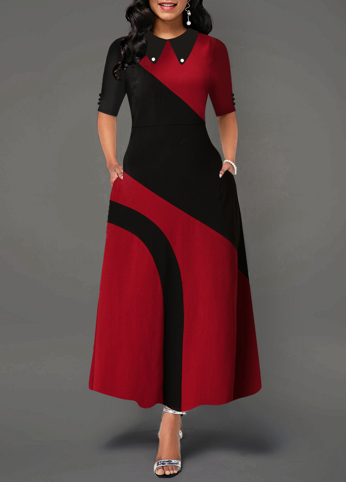 ROTITA Turndown Collar Contrast Side Pocket Maxi Dress