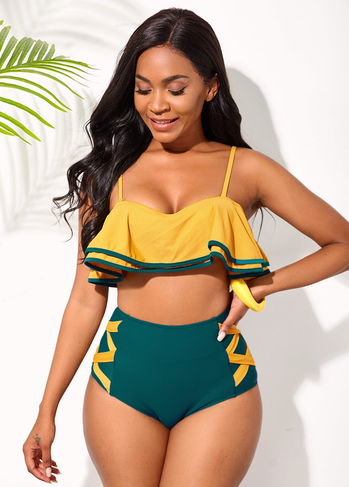 ROTITA Ruffle Hem High Waisted Contrast Bikini Set