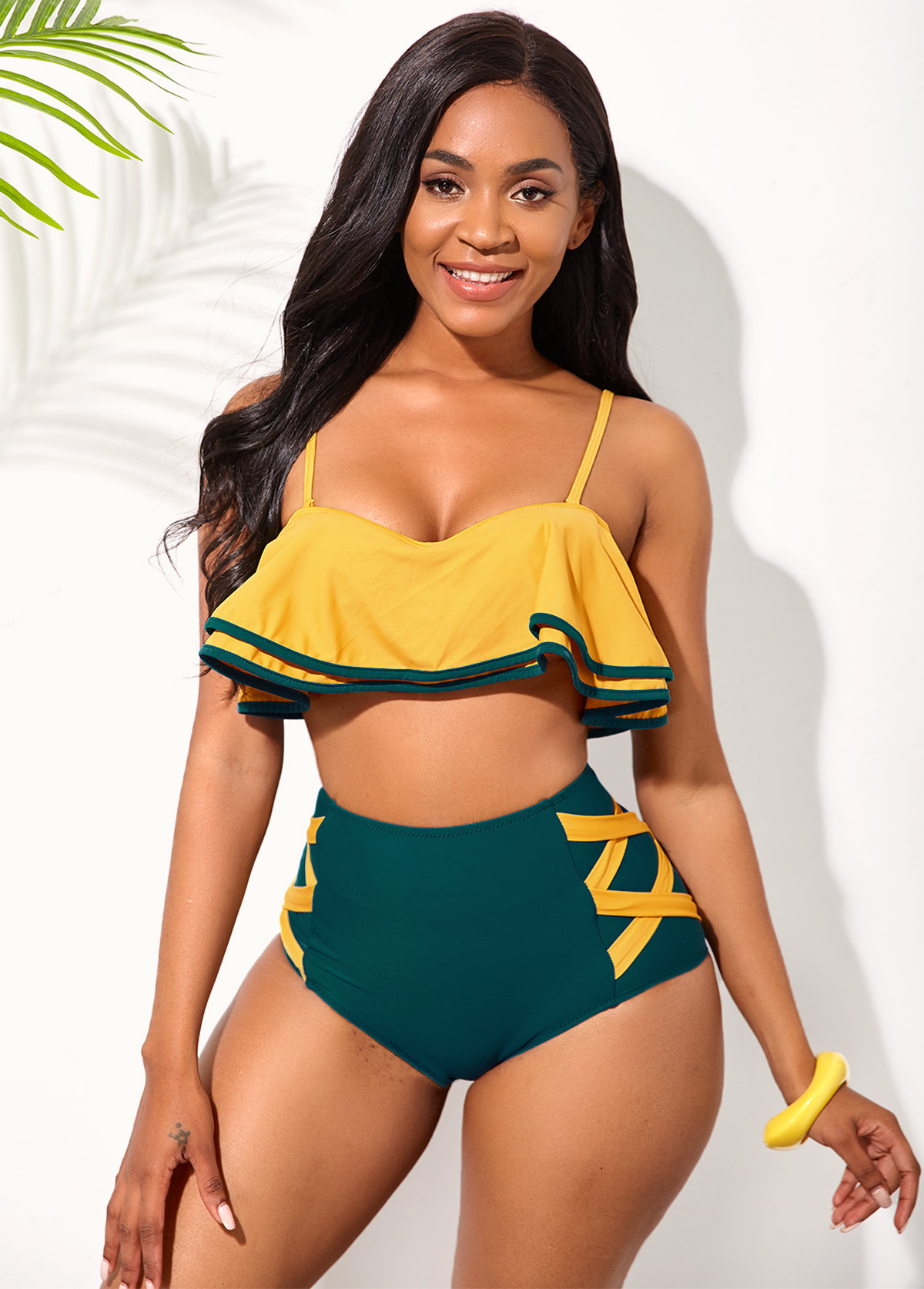 Yellow swimwear,Contrast Color swimwear,ROTITA Ruffle Hem High Waisted Contrast Bikini Set