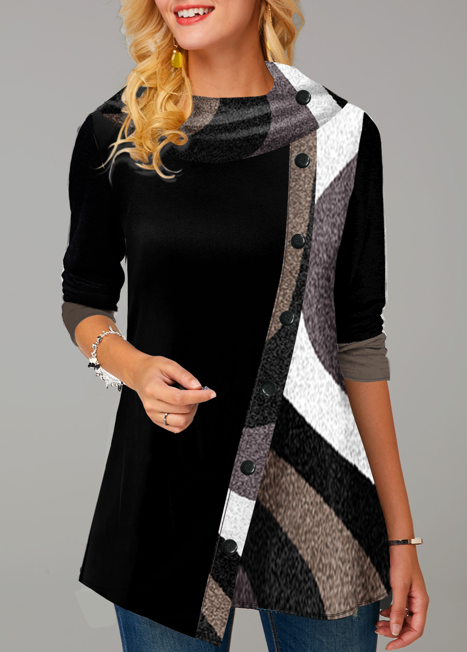 Black tops,Contrast Color tops,ROTITA Decorative Button Contrast Color Black Cowl Neck Sweatshirt