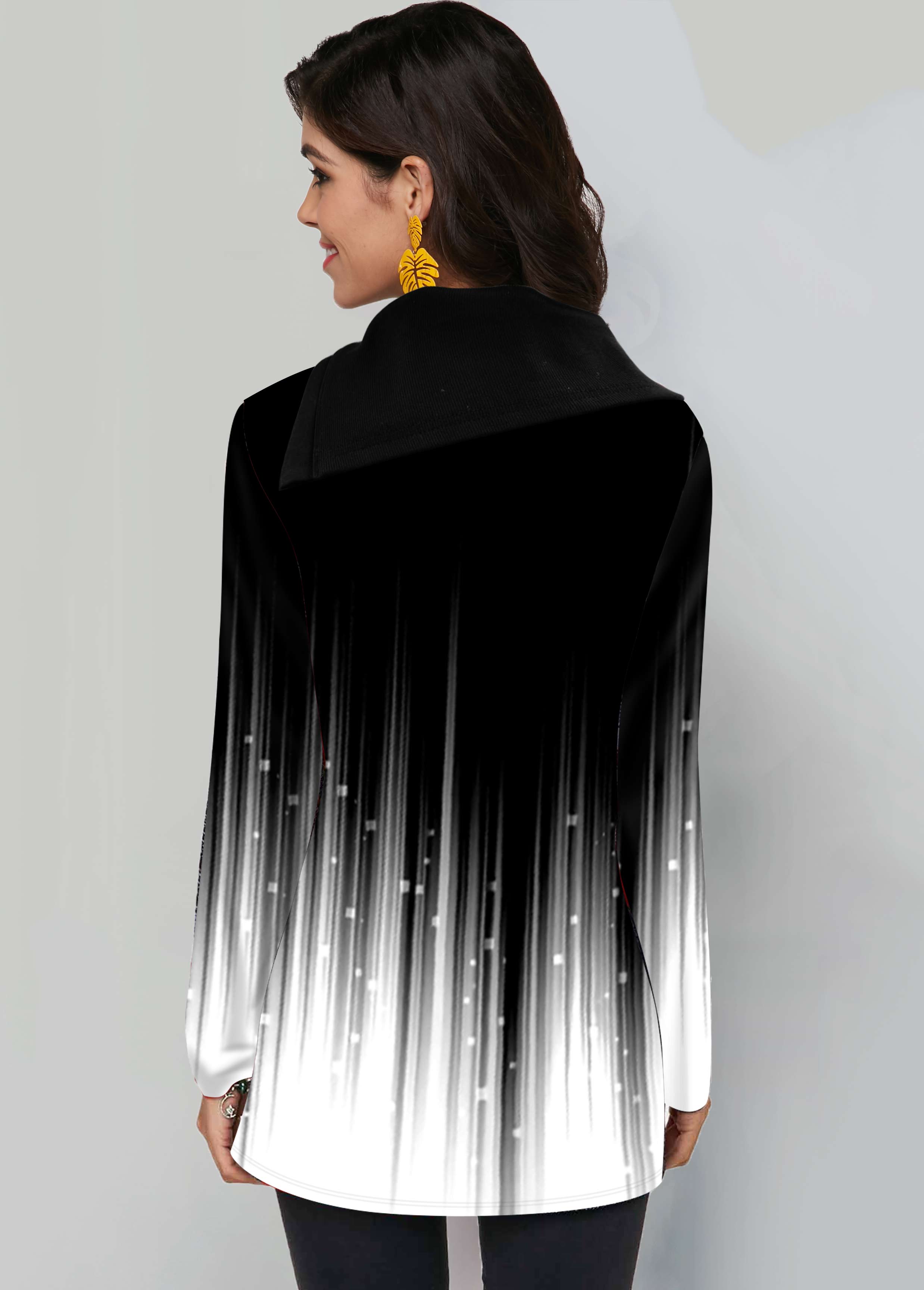 White tops,Ombre tops,ROTITA Decorative Button Ombre White Asymmetrical Neck T Shirt