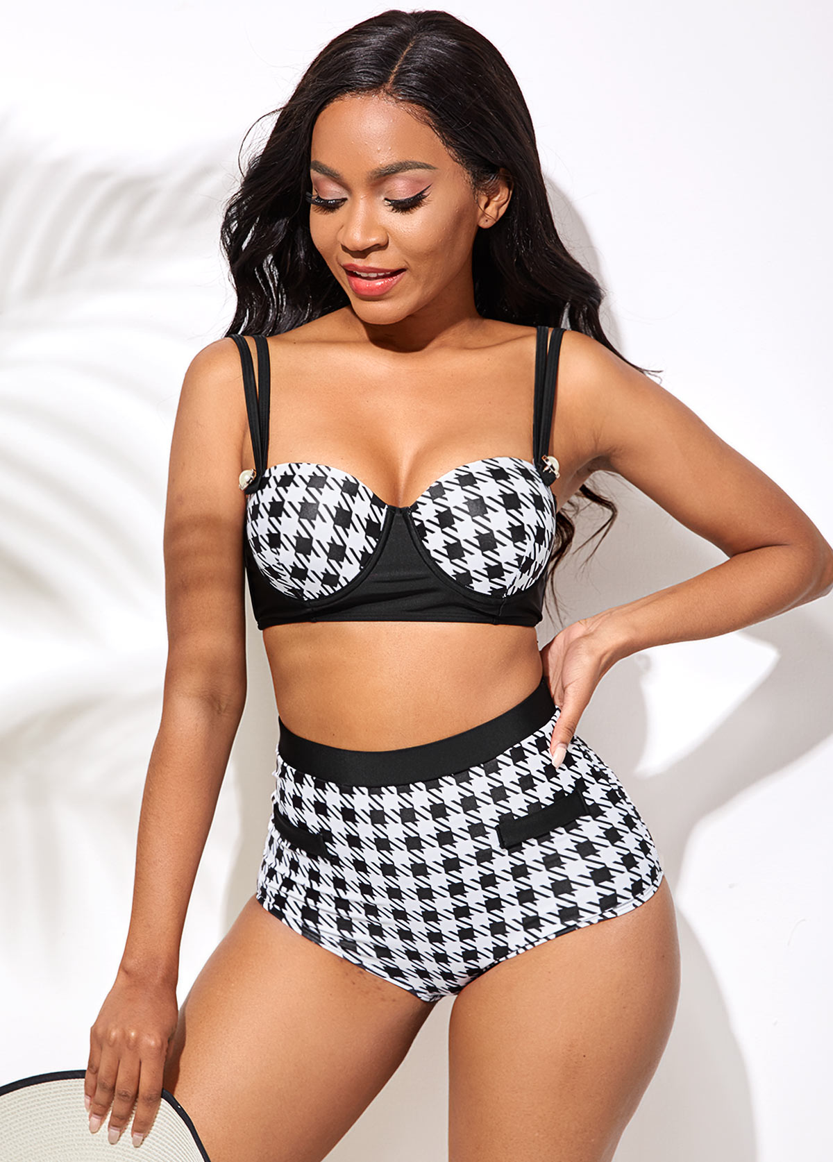 Plaid swimwear,ROTITA Houndstooth Print High Waist Double Strap Bikini Set