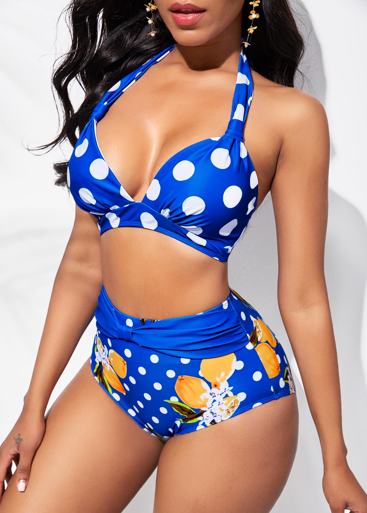 ROTITA Polka Dot High Waist Halter Bikini Set USD 21.98