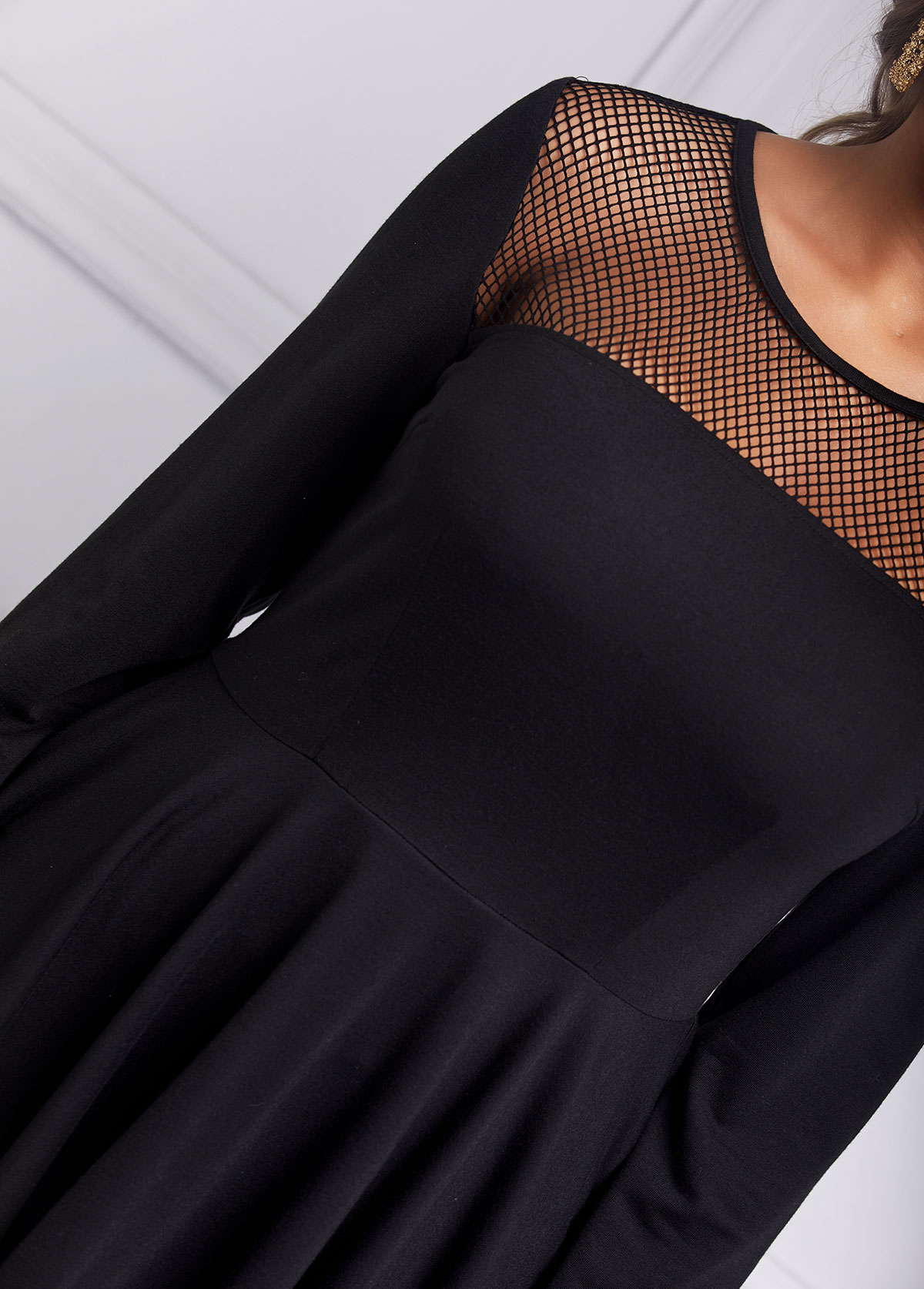 Black tops,Plain Color tops,ROTITA Asymmetric Hem Mesh Long Sleeve T Shirt