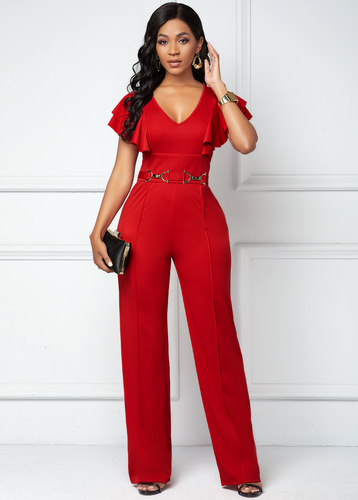 ROTITA V Neck Butterfly Sleeve Red Jumpsuit