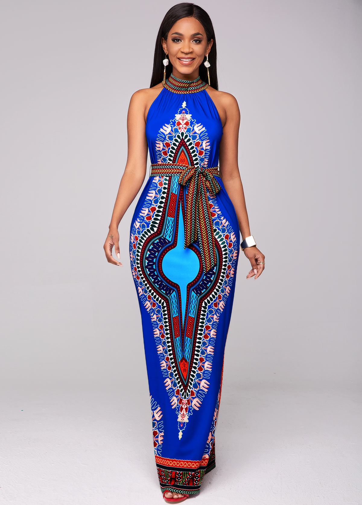 ROTITA Bib Neck Dashiki Print Belted Maxi Dress