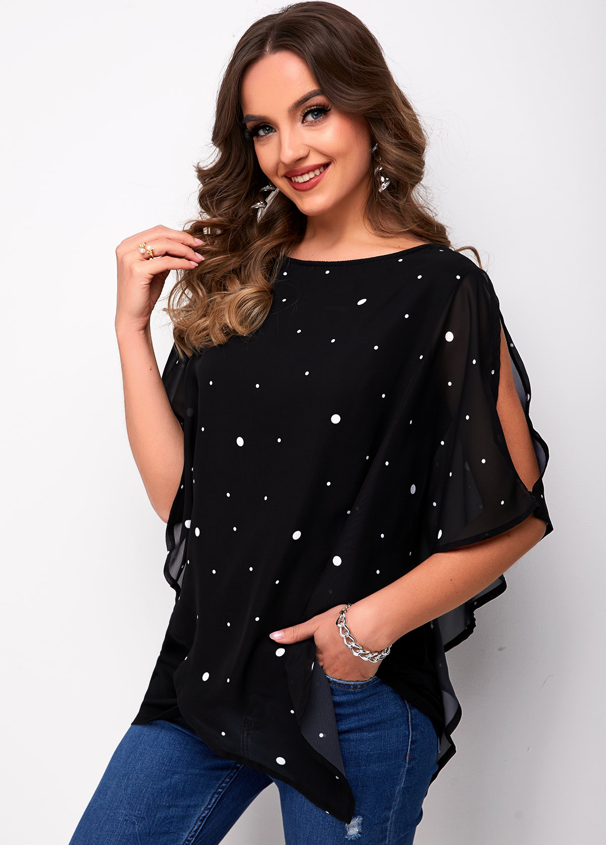 Black tops,Dot tops,ROTITA Mesh Stitching Slit Sleeve Polka Dot T Shirt