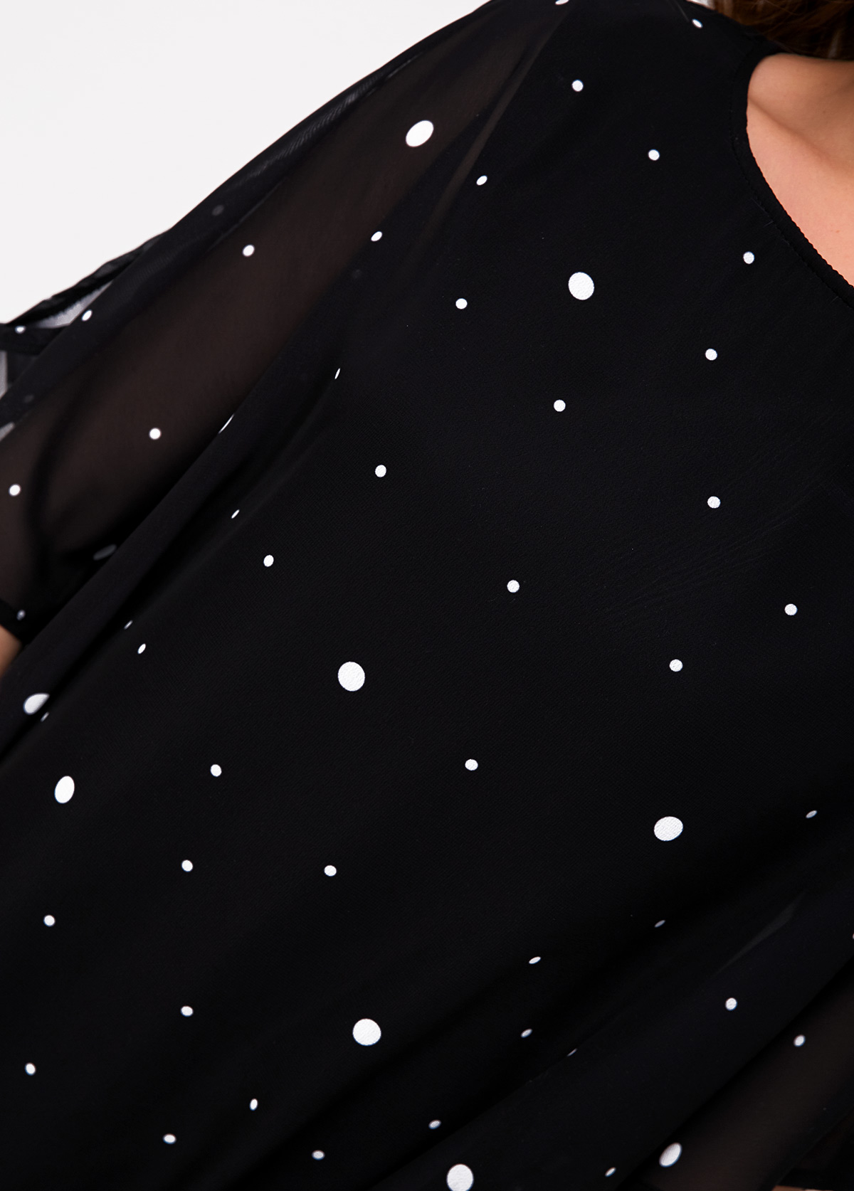Black tops,Dot tops,ROTITA Mesh Stitching Slit Sleeve Polka Dot T Shirt