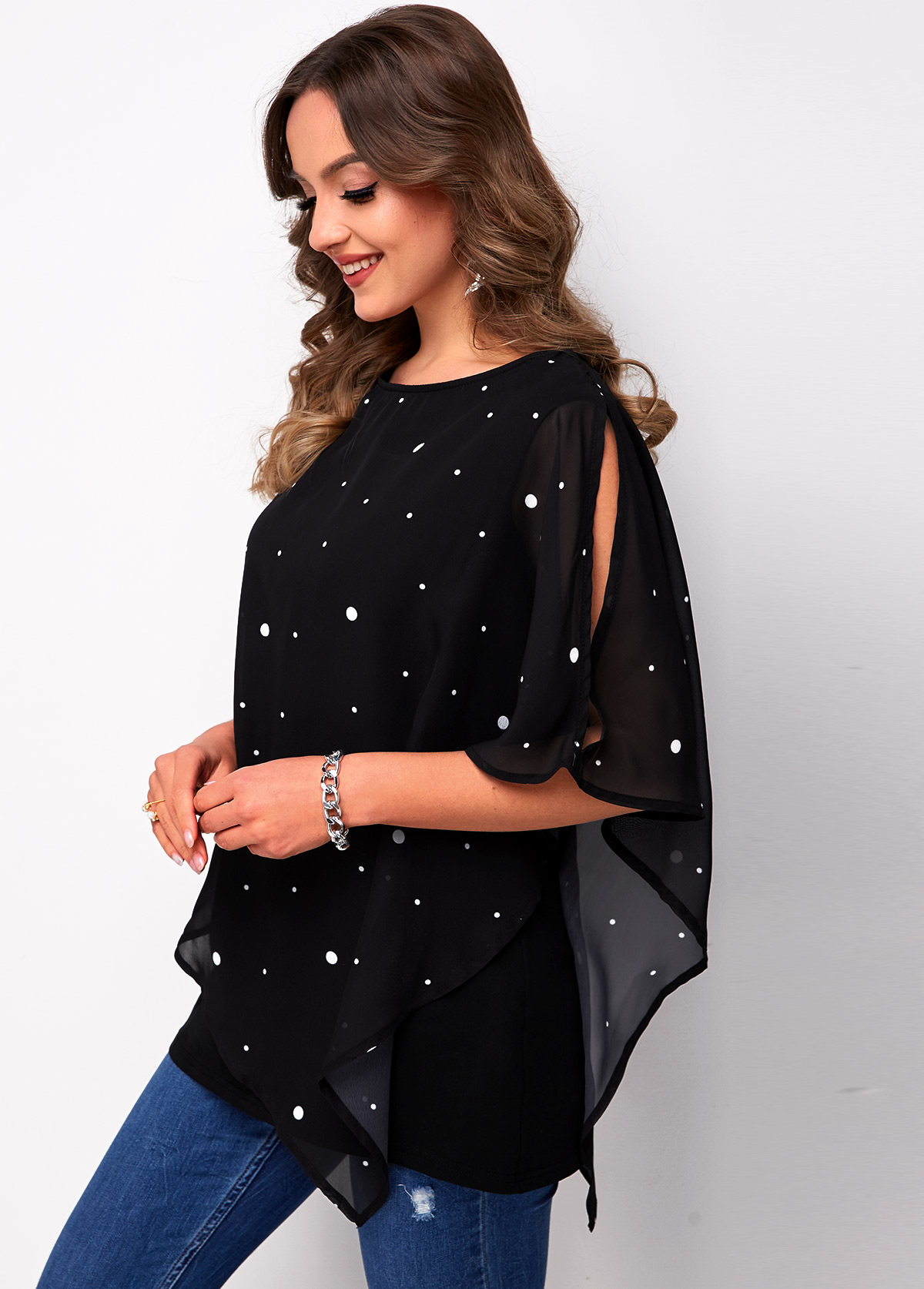 Black tops,Dot tops,ROTITA Mesh Stitching Slit Sleeve Polka Dot T Shirt