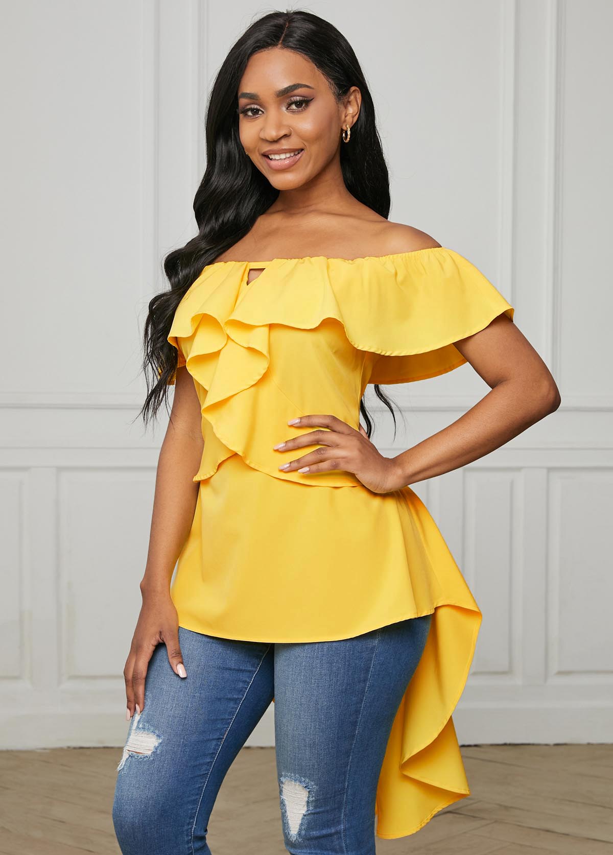 ROTITA Off Shoulder Asymmetric Hem Flounce Blouse