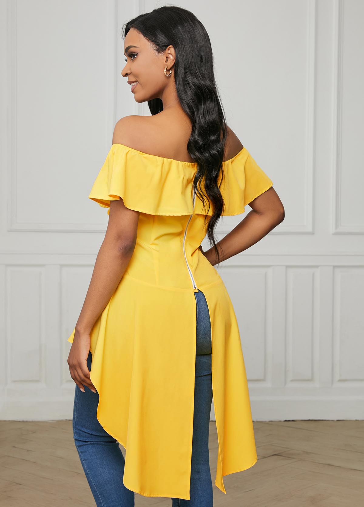 Yellow tops,Plain Color tops,ROTITA Off Shoulder Asymmetric Hem Flounce Blouse