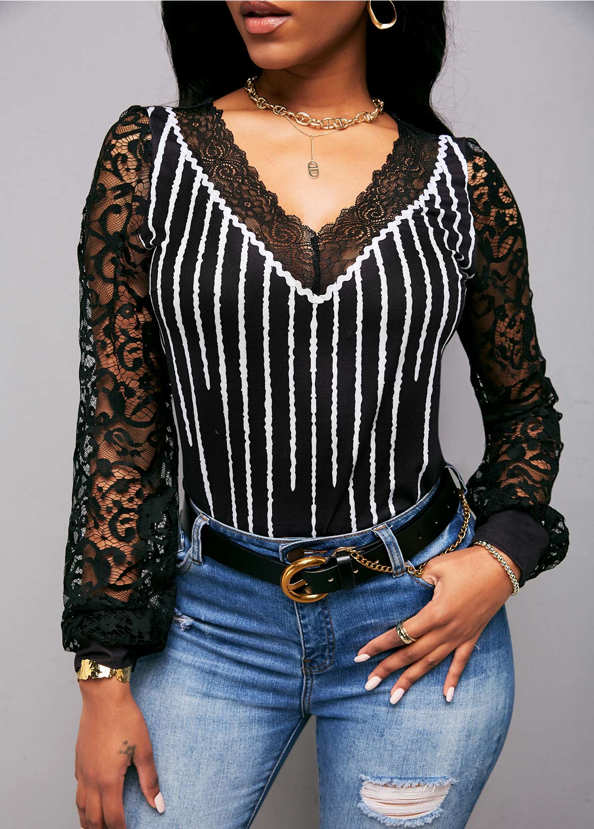 ROTITA V Neck Lace Panel Striped Long Sleeve T Shirt 