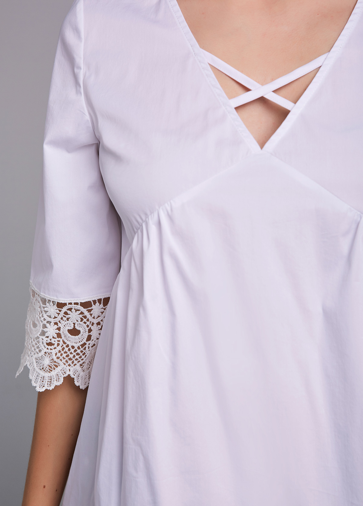 White tops,Plain Color tops,ROTITA Cross Strap Lace Stitching 3/4 Sleeve Blouse