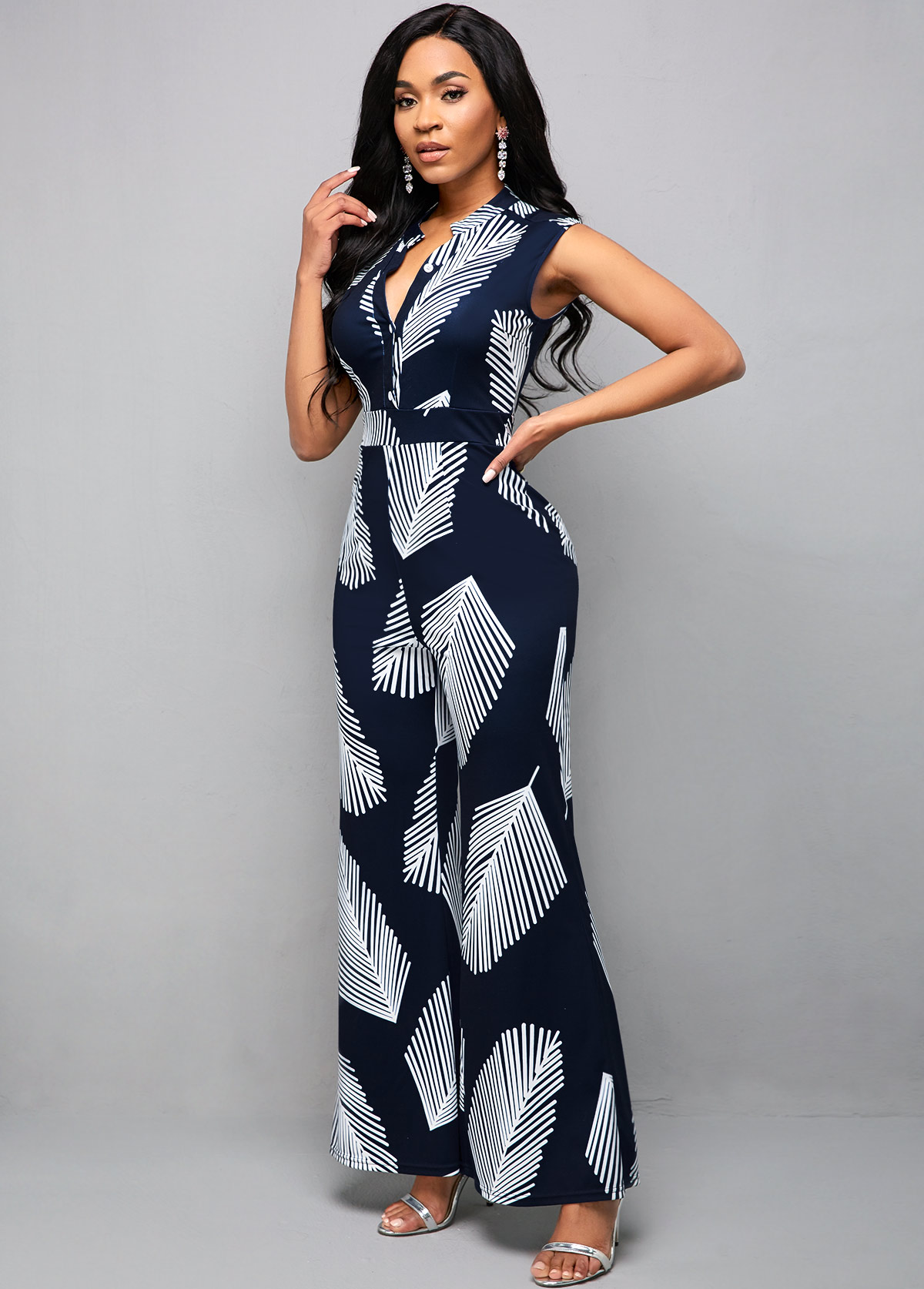 Multi Color jumpsuits & rompers,Tribal jumpsuits & rompers,ROTITA Split Neck Plant Print Sleeveless Jumpsuit