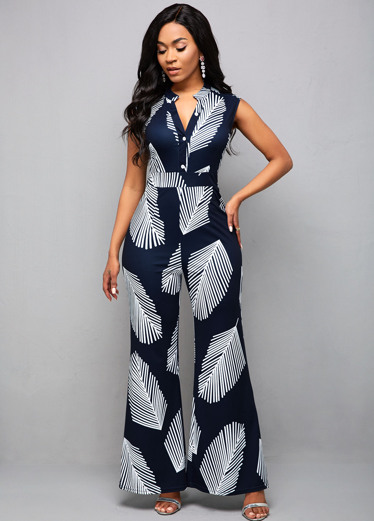 Multi Color jumpsuits & rompers,Tribal jumpsuits & rompers,ROTITA Split Neck Plant Print Sleeveless Jumpsuit