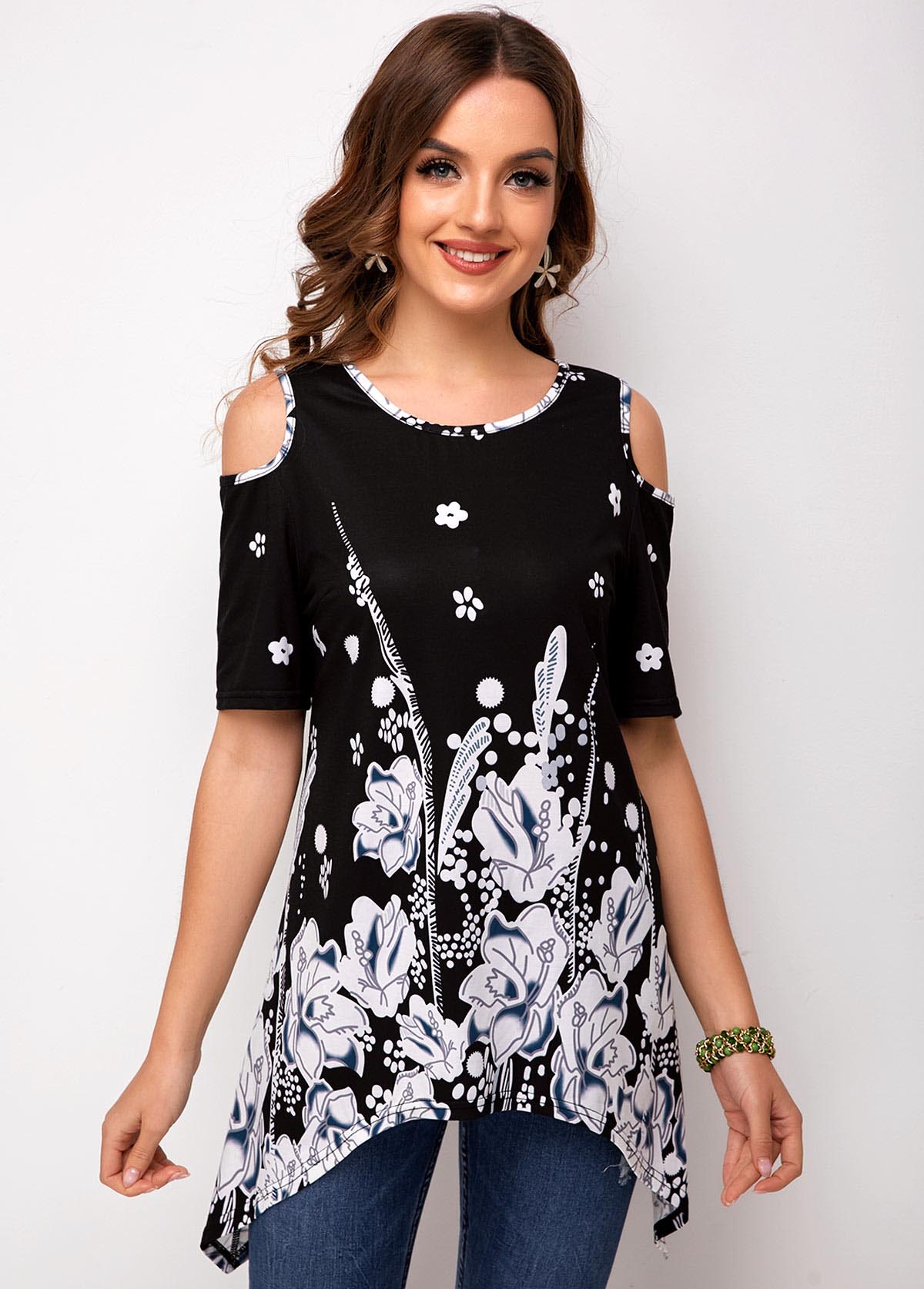 ROTITA Floral Print Cold Shoulder Asymmetric Hem T Shirt