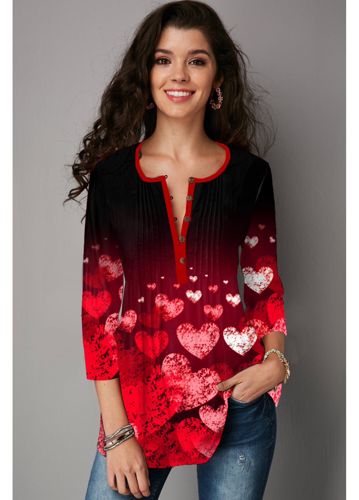 ROTITA Button Heart Print Crinkle Chest T Shirt