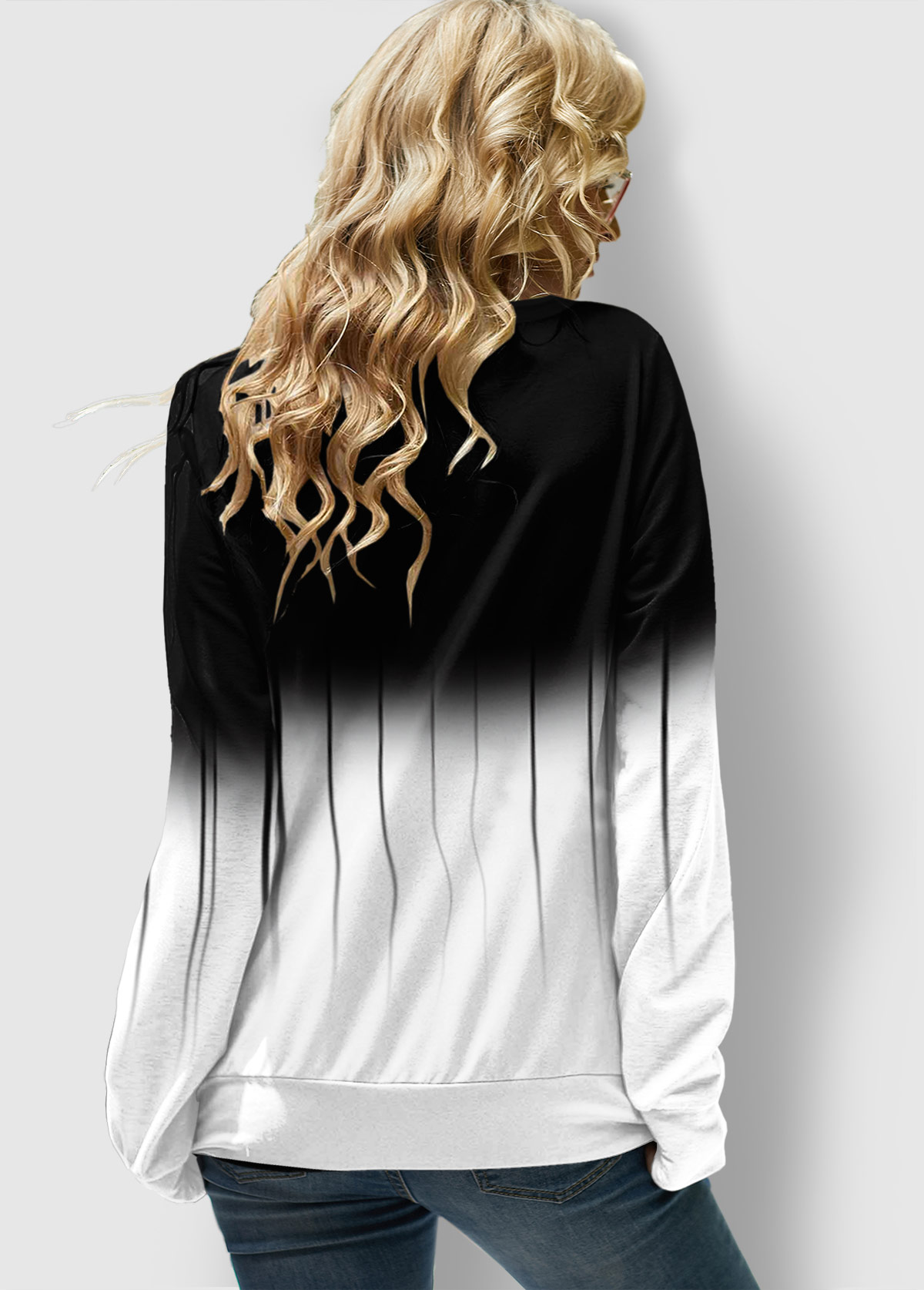 White tops,Contrast Color tops,ROTITA Lace Up Long Sleeve Ombre Sweatshirt