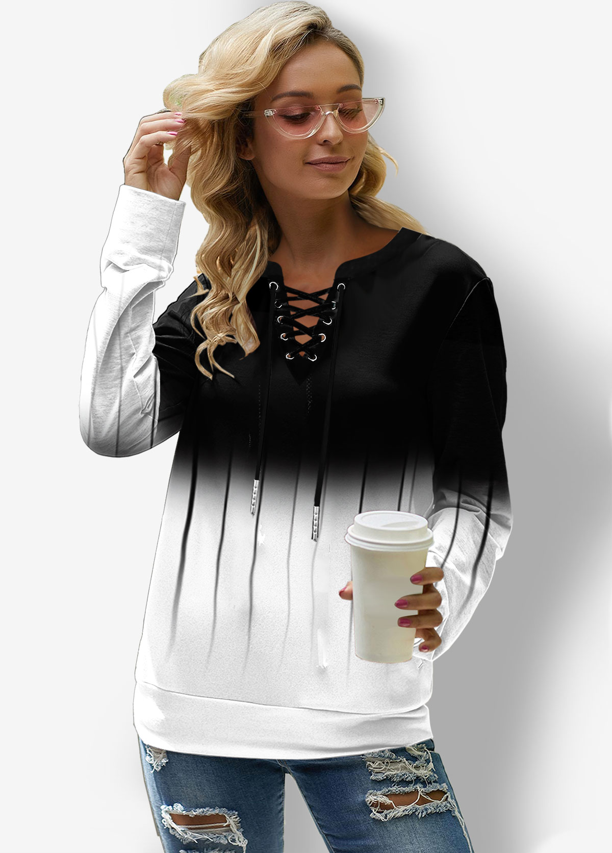 White tops,Contrast Color tops,ROTITA Lace Up Long Sleeve Ombre Sweatshirt