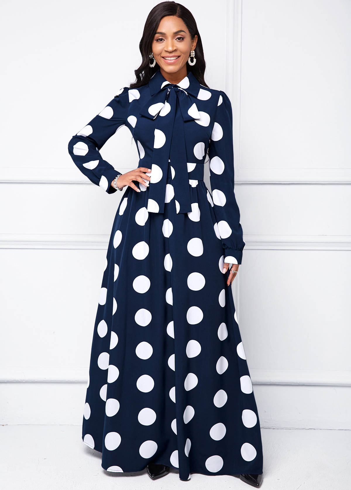 ROTITA Polka Dot Turndown Collar Long Sleeve Dress