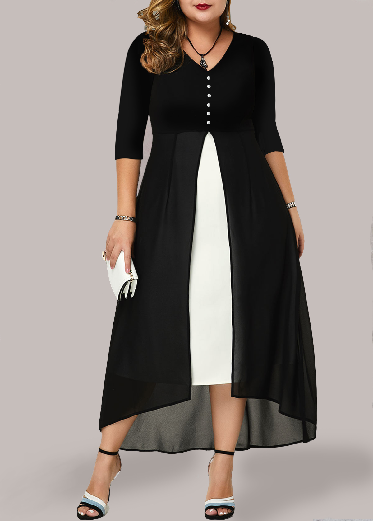 Multi Color plus size,Contrast Color plus size,ROTITA Plus Size Chiffon Panel Contrast Dress