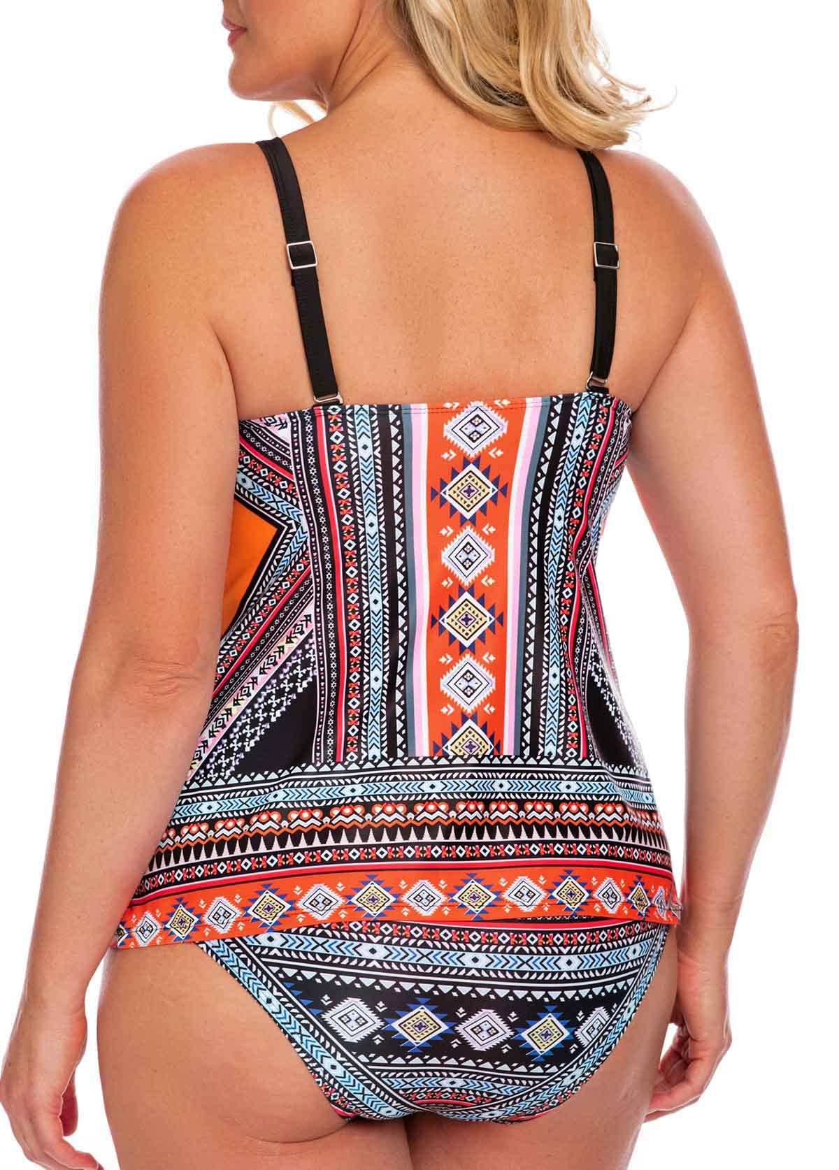 Orange plus size,Tribal plus size,ROTITA Plus Size Spaghetti Strap Geometric Print Tankini Set